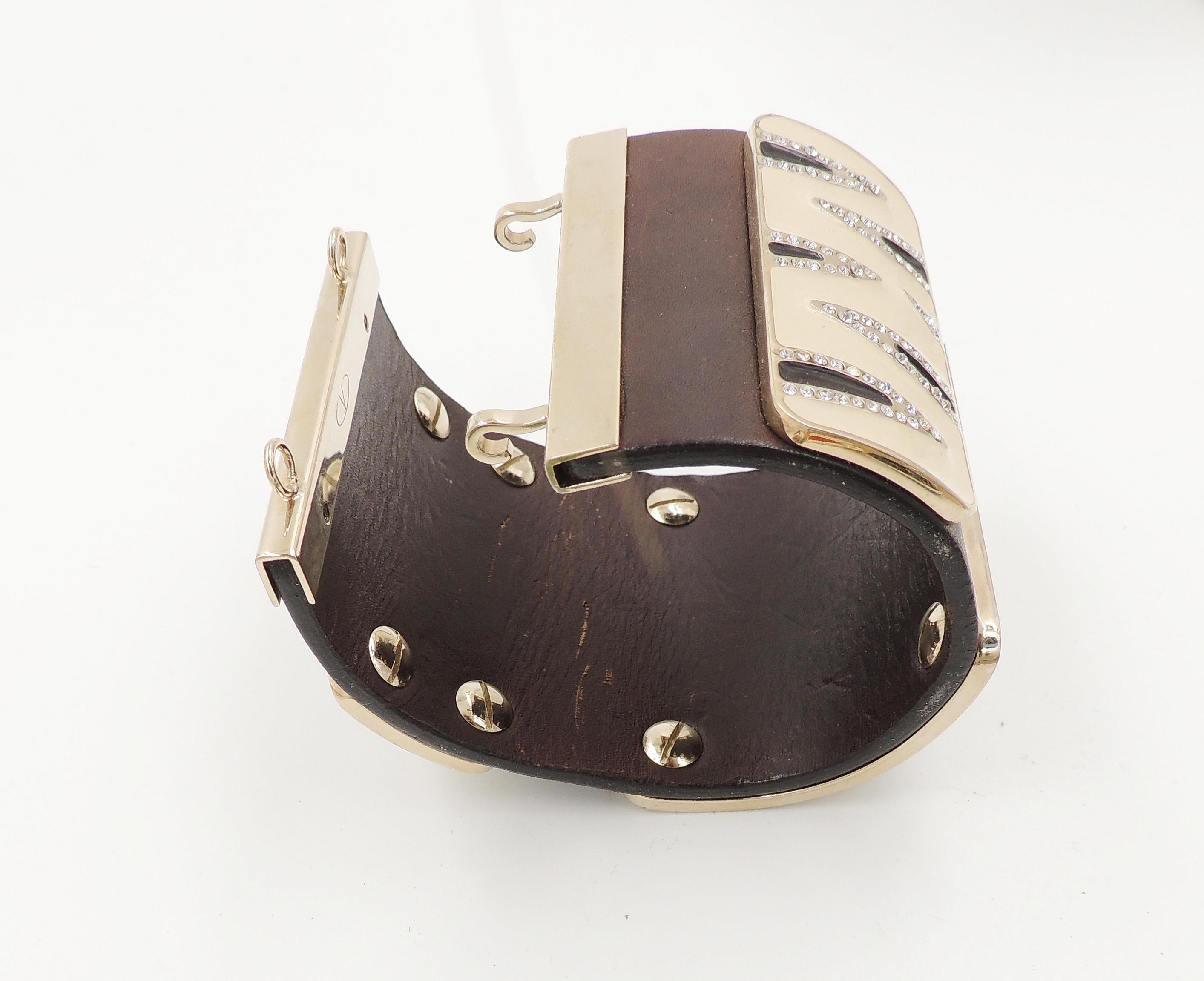 Vintage Signed Valentino Leather & Enamel Zebra Stripe Rhinestone Cuff Bracelet For Sale 2