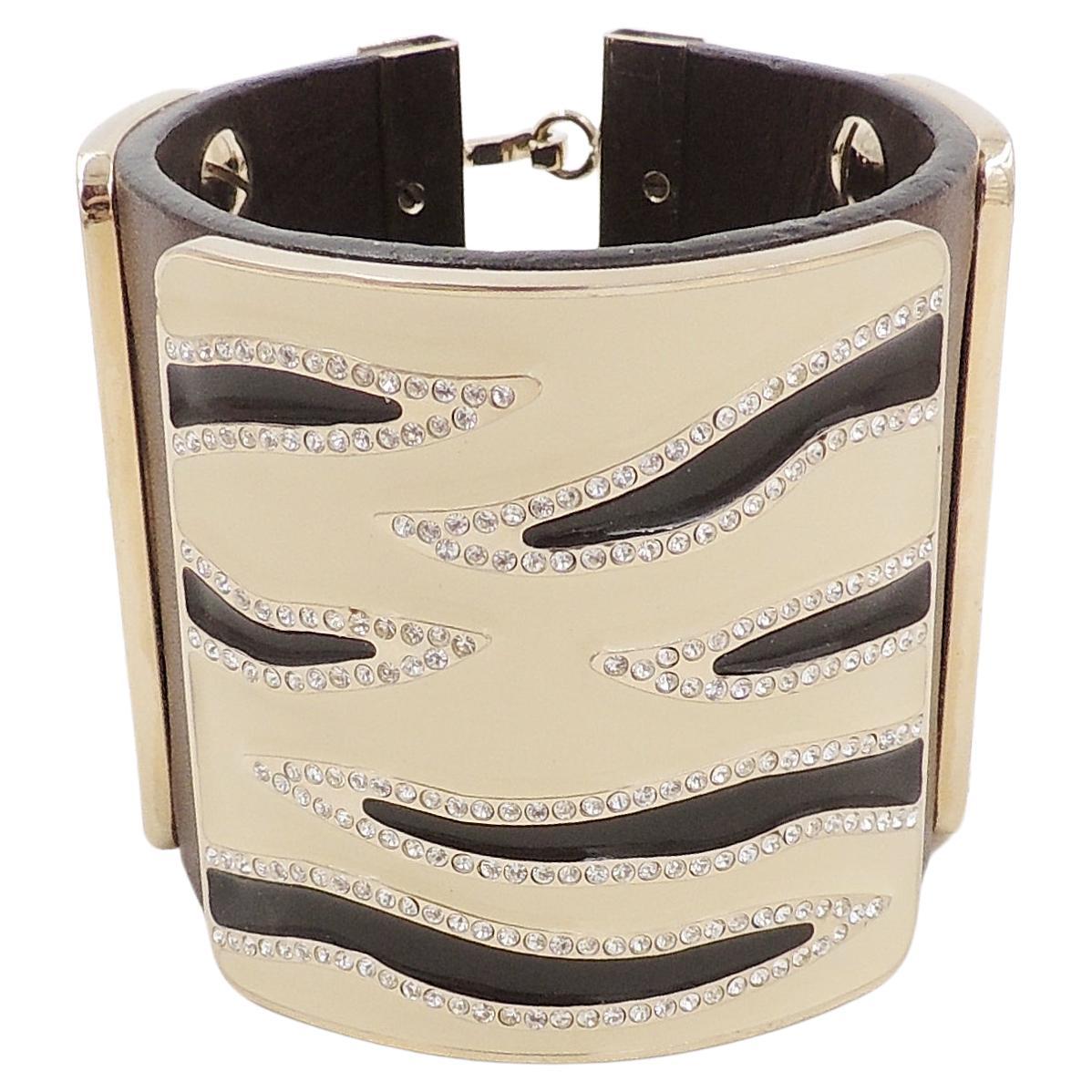Vintage Signed Valentino Leather & Enamel Zebra Stripe Rhinestone Cuff Bracelet