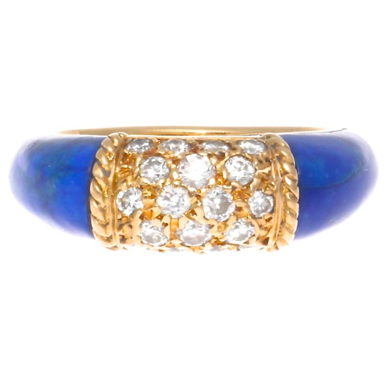 Vintage Van Cleef & Arpels diamond lapis 18k yellow gold Phillipine ring. Featuring 18 round brilliant diamonds weighing approximately 0.51 carats, graded E-F color, VS+ clarity. Signed VCA, with serial number. Stamped with French hallmark and