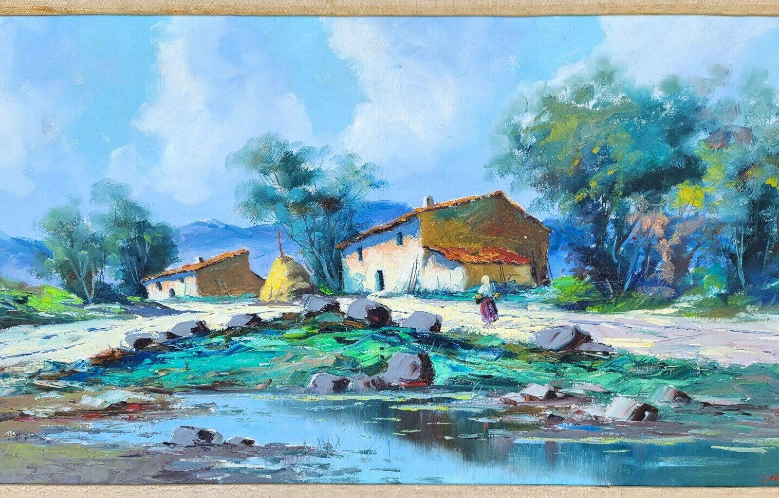 Mid-20th Century Vintage Signed Village Landscape Oil Painting Framed For Sale