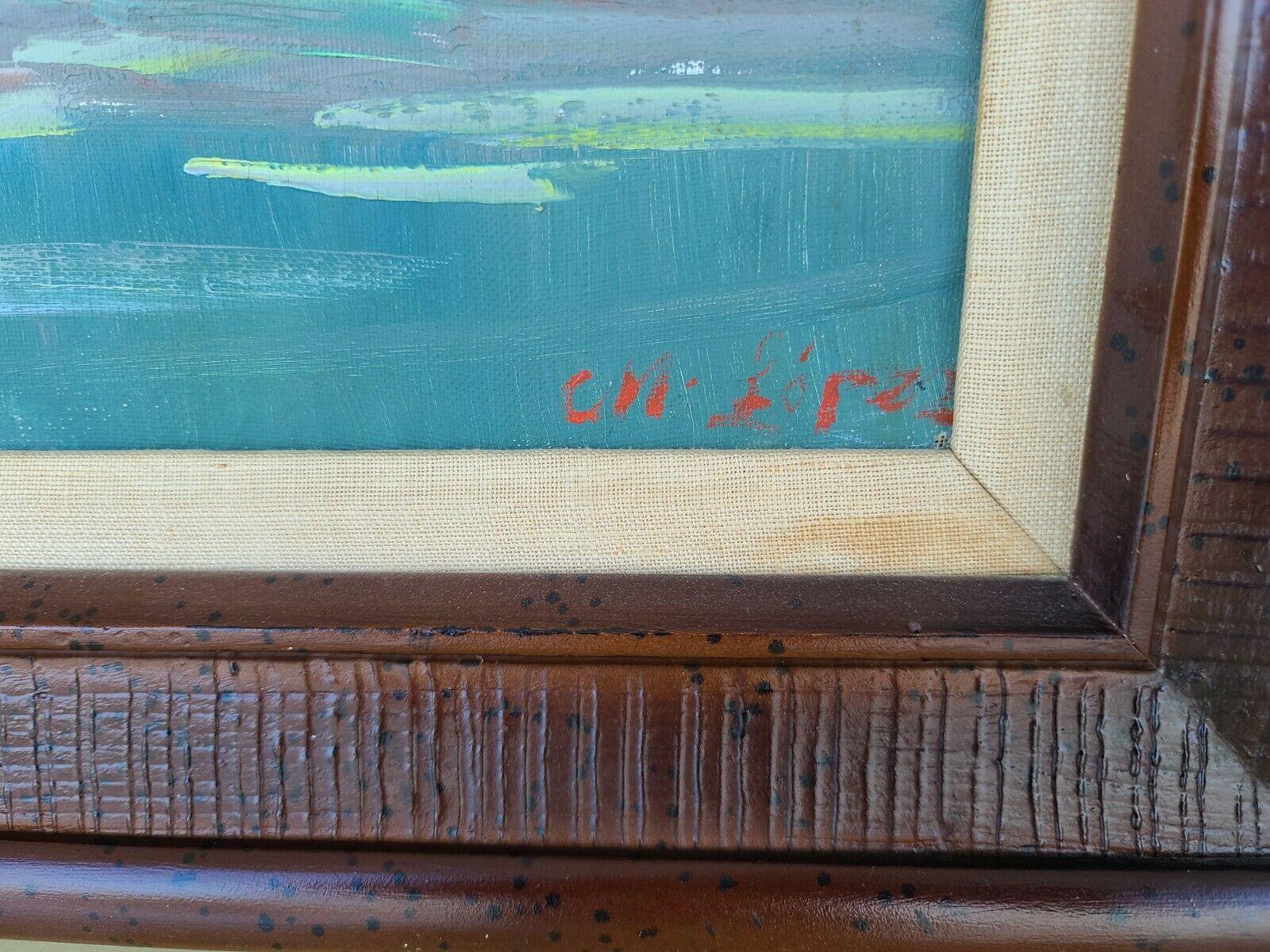 Canvas Vintage Signed Village Landscape Oil Painting Framed