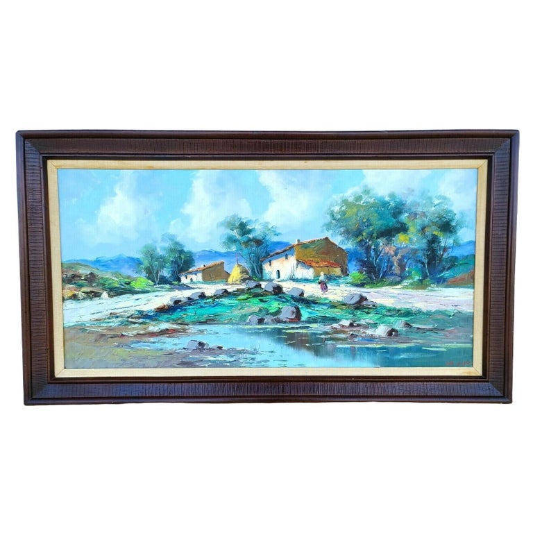 Vintage Signed Village Landscape Oil Painting Framed For Sale at 1stDibs