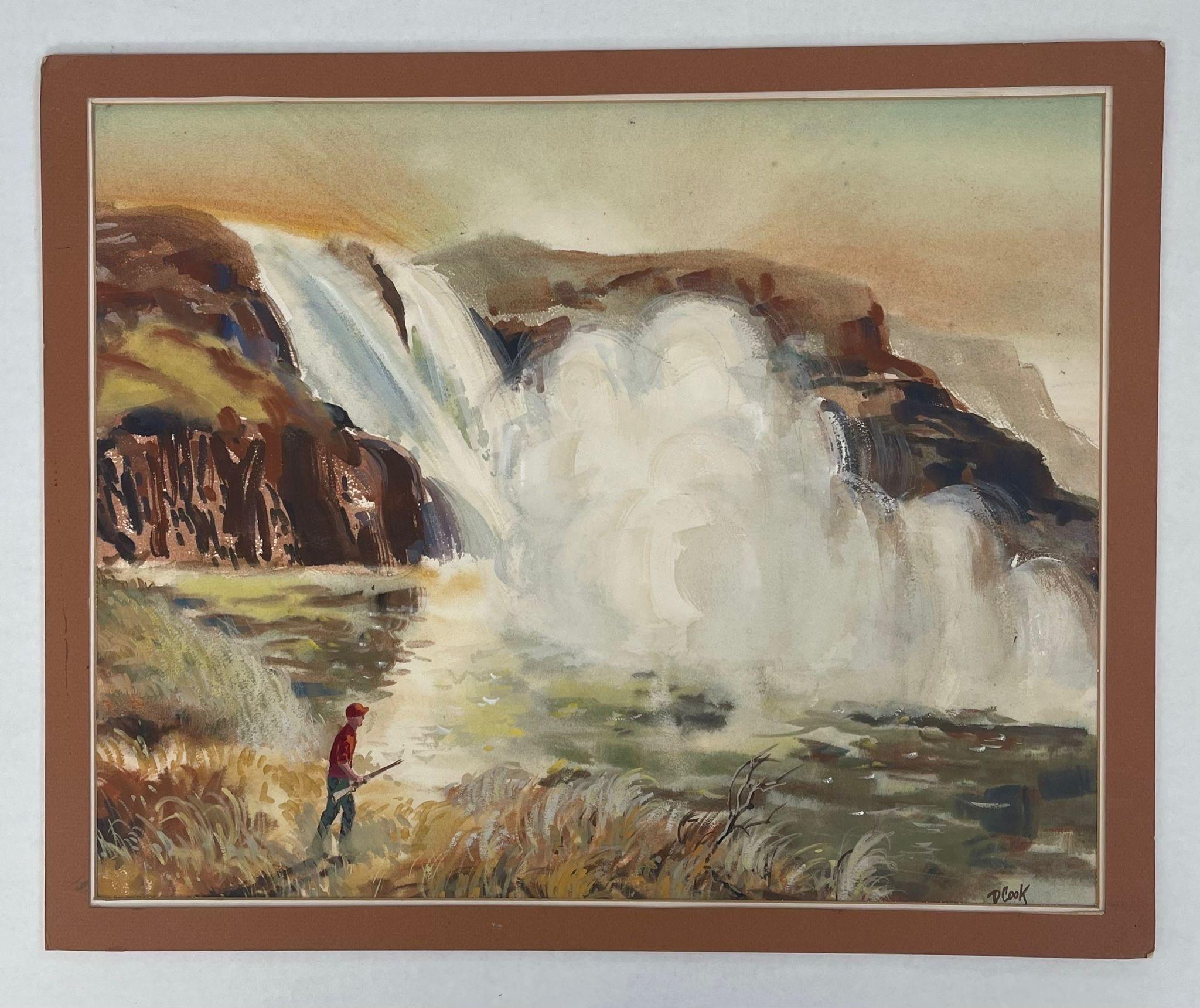 Vintage Artwork of Hunter Gaging Upon Waterfall Landscape. Possibly Watercolor on Paper. Signed in the Lower Corner D Cook as Pictured. Vintage Condition Consistent with Age as Pictured.

Dimensions. 22 W ; 1/4 D ; 18 H
