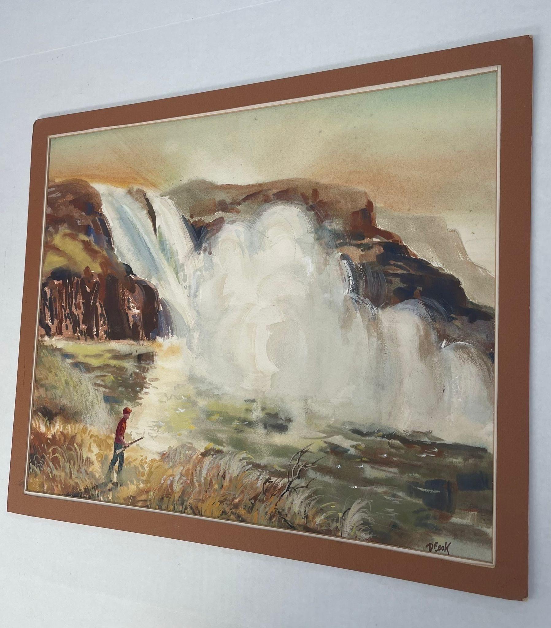 Mid-Century Modern Vintage Signed Waterfall and Hunter Landscape Artwork. For Sale