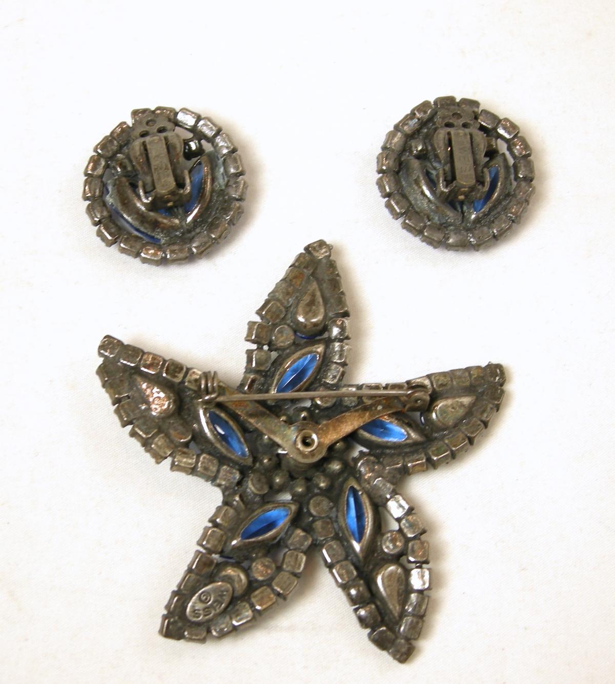 Women's or Men's Vintage Signed Weiss Blue Crystals Star Brooch & Earrings For Sale