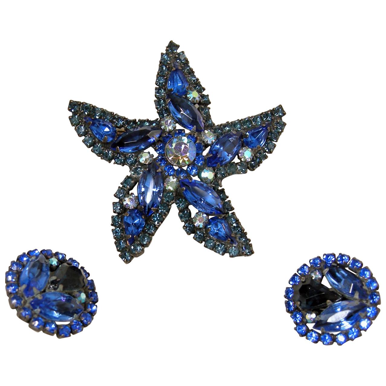 Vintage Signed Weiss Blue Crystals Star Brooch & Earrings For Sale
