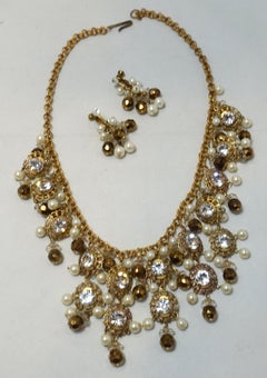 Vintage Signed Western Germany Faux Pearls & Crystal Bib Necklace & Earrings Set