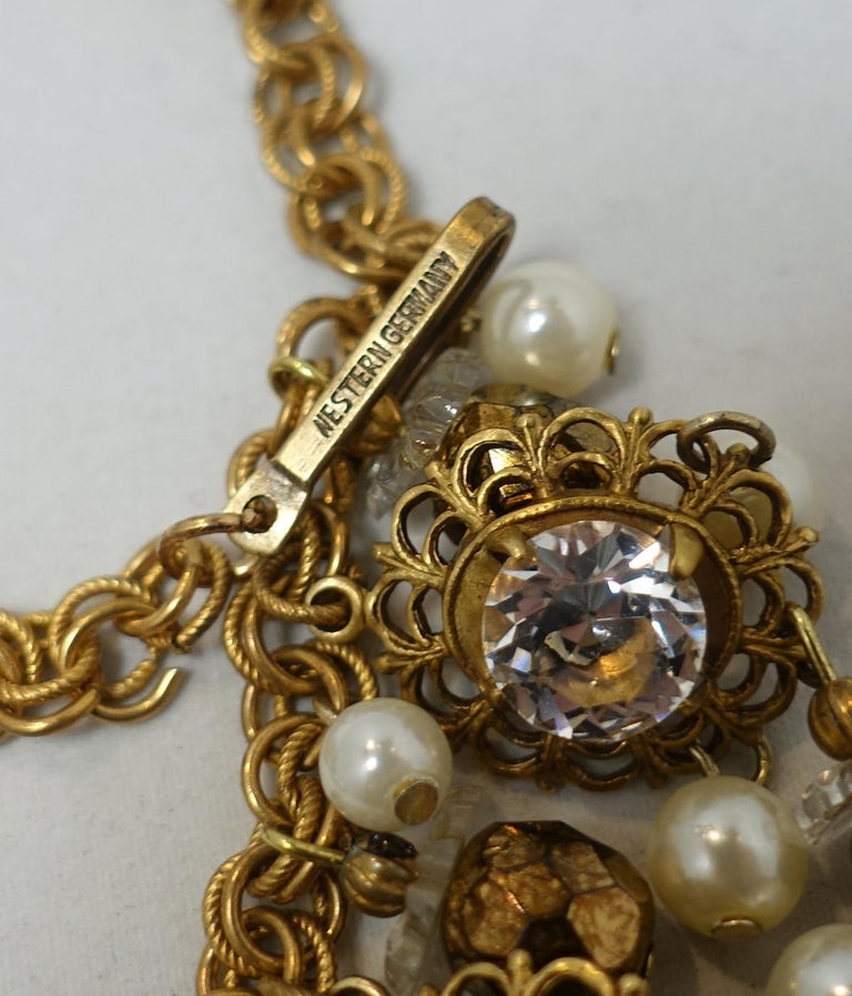 Vintage Signed Western Germany Faux Pearls and Crystal Bib Necklace and