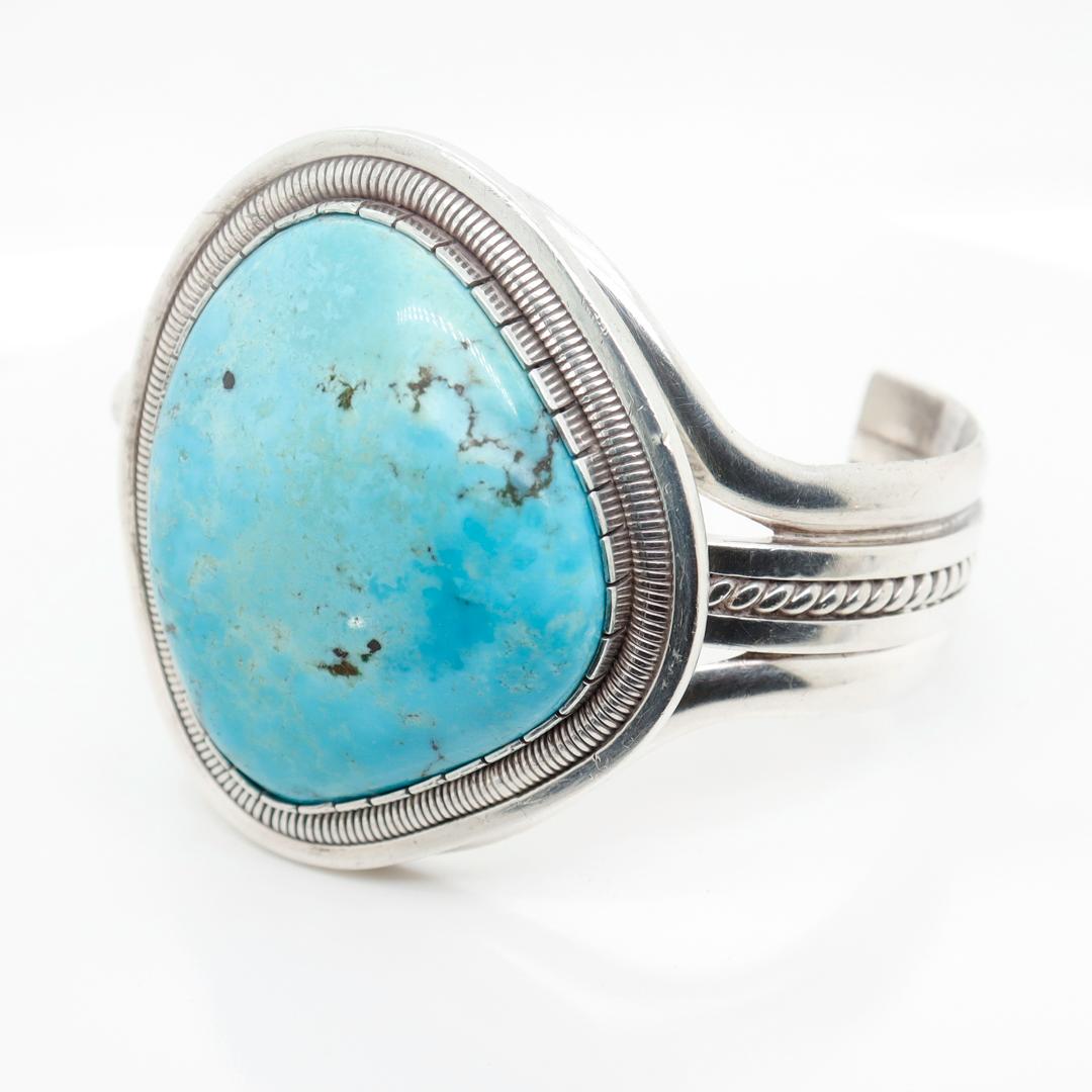 Native American Vintage Signed William Vandever Old Pawn Navajo Silver & Turquoise Cabochon Cuff For Sale