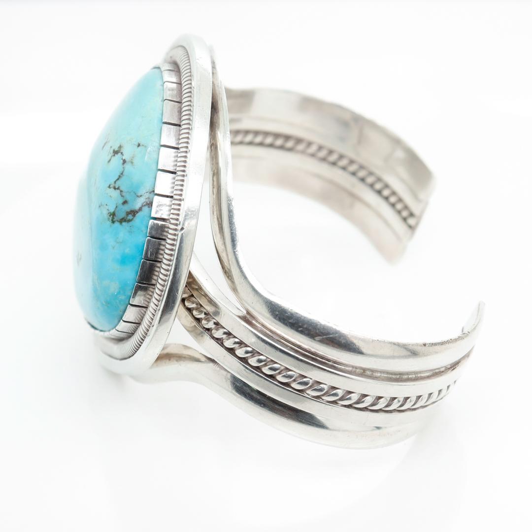 Vintage Signed William Vandever Old Pawn Navajo Silver & Turquoise Cabochon Cuff In Good Condition For Sale In Philadelphia, PA