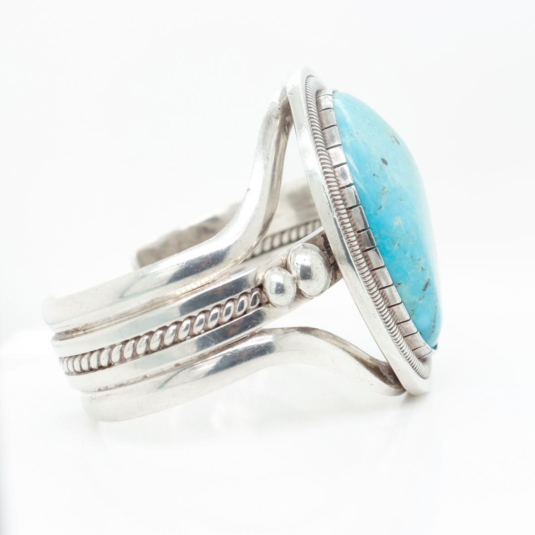 Vintage Signed William Vandever Old Pawn Navajo Silver & Turquoise Cabochon Cuff For Sale 2