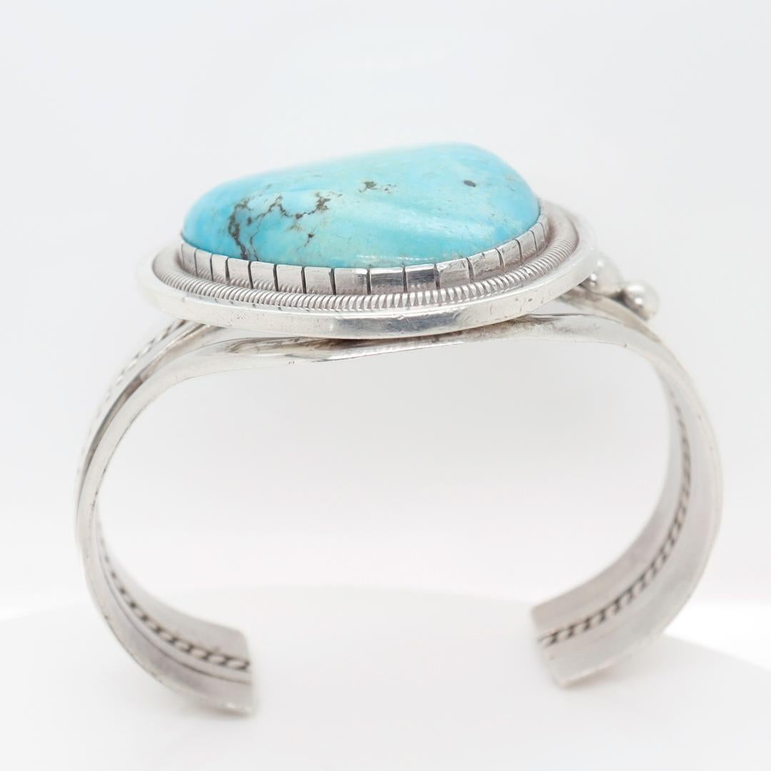 Vintage Signed William Vandever Old Pawn Navajo Silver & Turquoise Cabochon Cuff For Sale 3