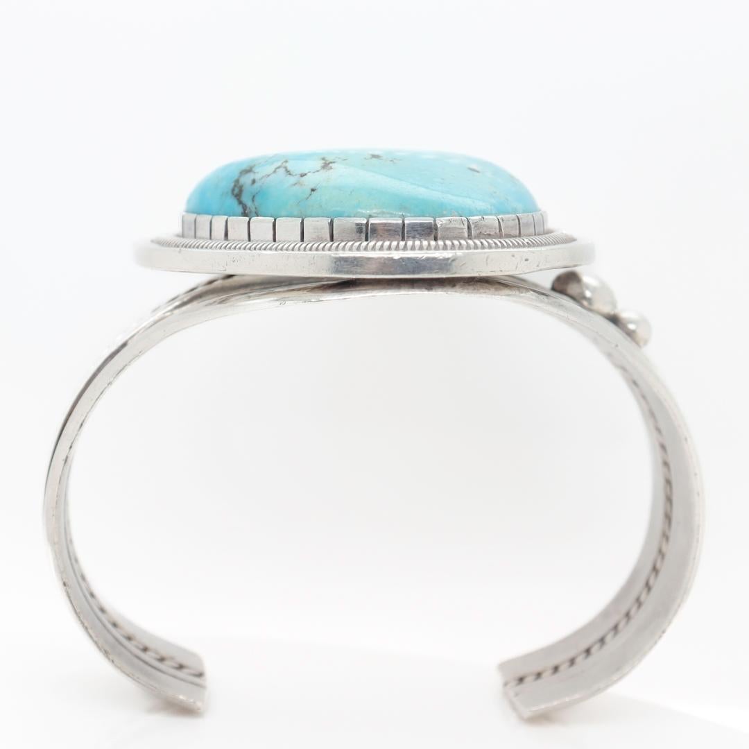 Vintage Signed William Vandever Old Pawn Navajo Silver & Turquoise Cabochon Cuff For Sale 4