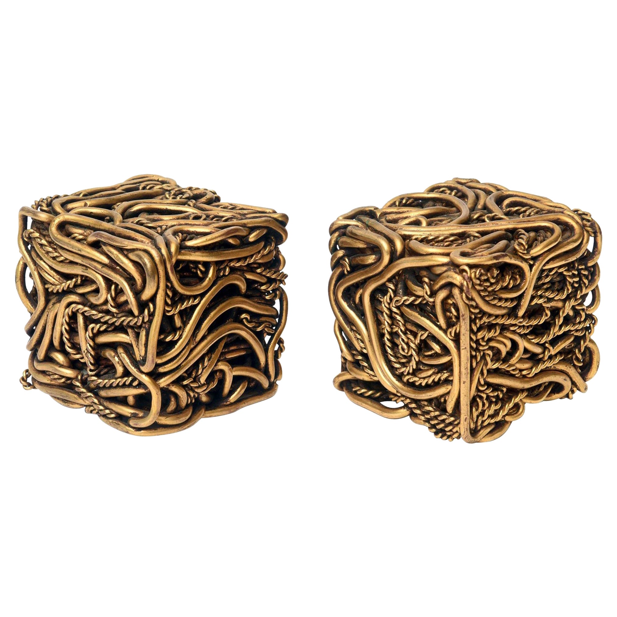 Vintage Signed Yascal French Bronze Twisted Square Cube Sculptures Pair Of