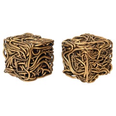 Vintage Signed Yascal French Bronze Twisted Square Cube Sculptures Pair Of