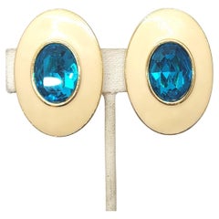 Vintage Signed YSL Yves Saint Laurent Rhinestone & Enamel Clip Earrings