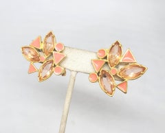 Vintage Signed Yves Saint Laurent Coral Enamel Pink Rhinestones Clip Earrings