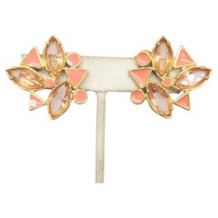 Vintage Signed Yves Saint Laurent Coral Enamel Pink Rhinestones Clip Earrings