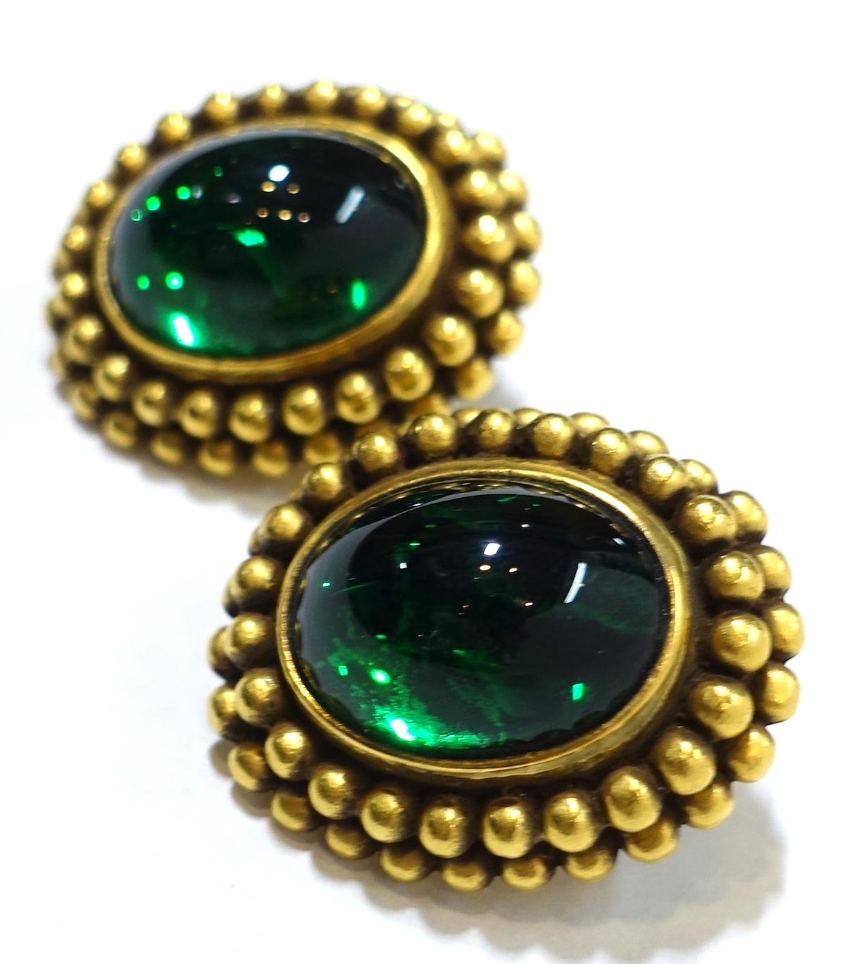 Women's Vintage Signed Yves St. Laurent Green Gripoix Glass Earrings For Sale