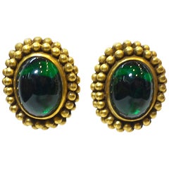 Vintage Signed Yves St. Laurent Green Gripoix Glass Earrings