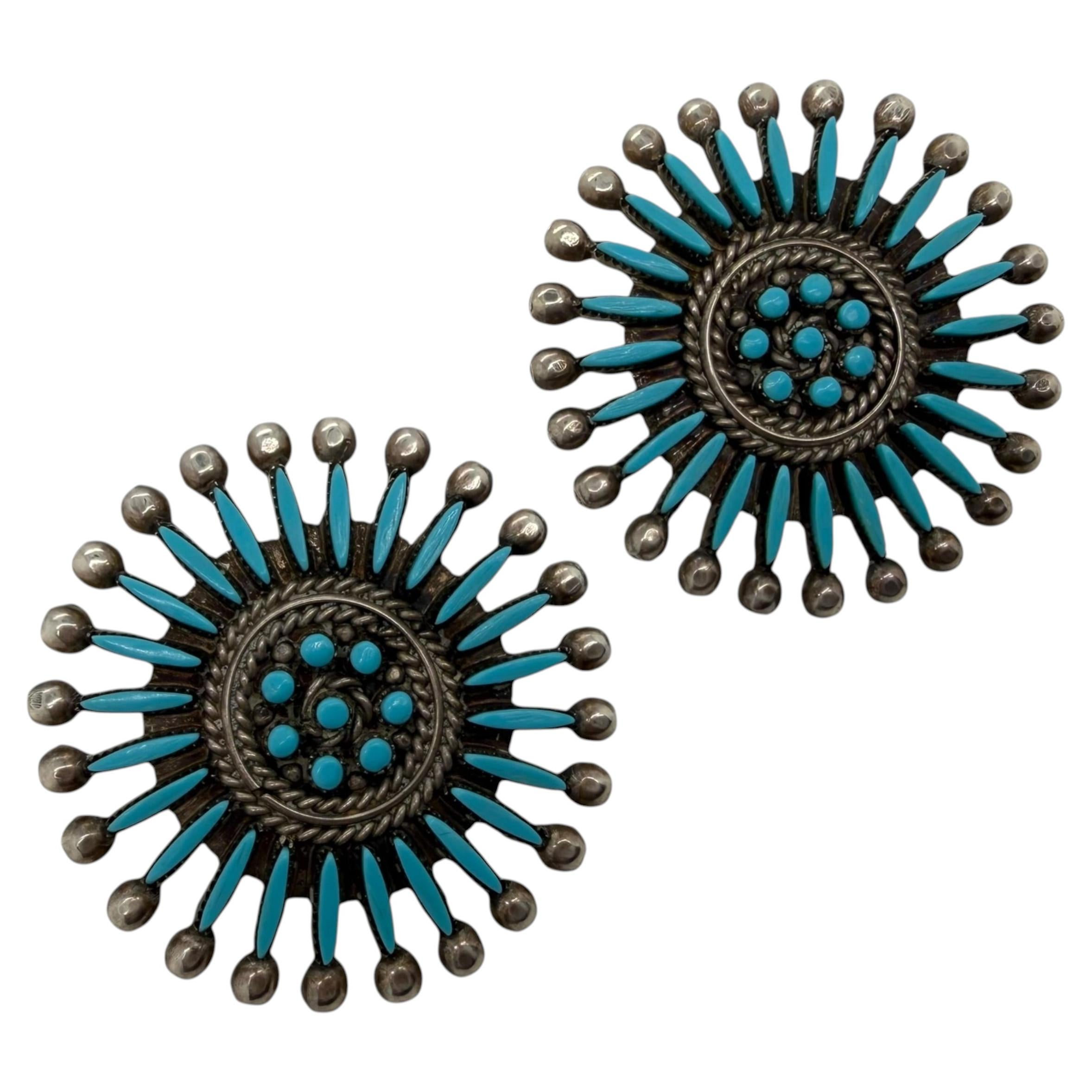 Vintage Signed Zuni Needlepoint Turquoise Sterling Silver Sunburst Earrings