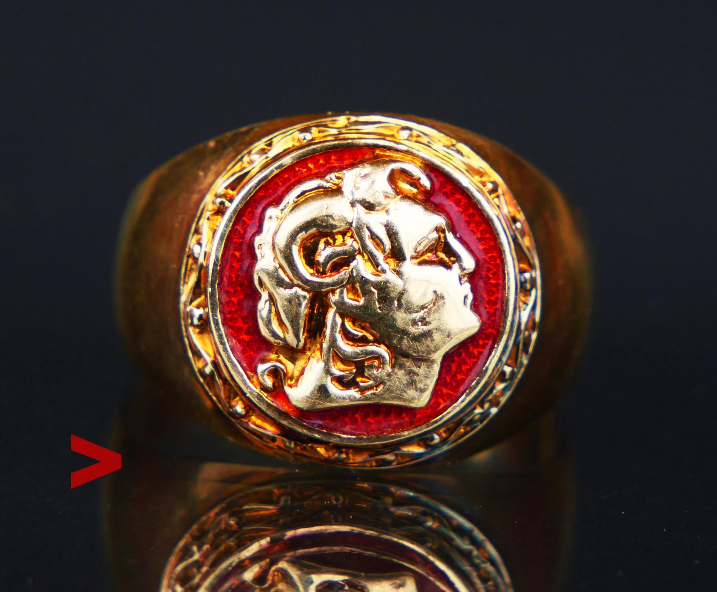Great looking signet ring for Men in solid 14K Yellow Gold with profile of Alexander the Great on Red Enameled background.

Unknown origin. Band hallmarked 585 , band's metal tested solid 14K Yellow gold.

Crown is Ø 16 mm x 4 mm deep . Size : Ø