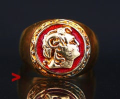Bague de chevalière vintage Alexander the Great en émail rouge massif 14K Gold Ø10.5US /7.4gr