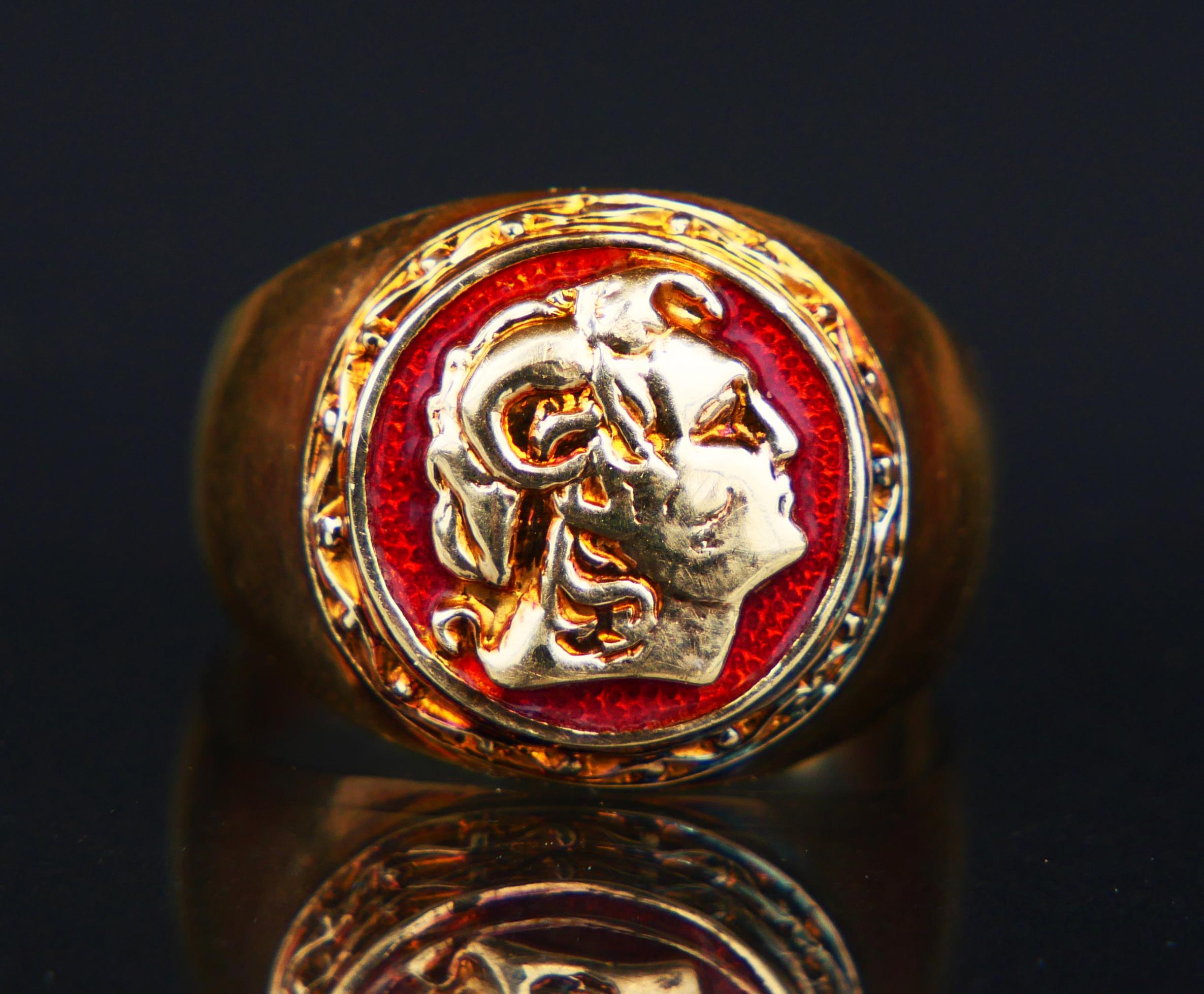 Greek Revival Vintage Signet Ring Alexander the Great Red Enamel solid 14K Gold Ø10.5US /7.4gr