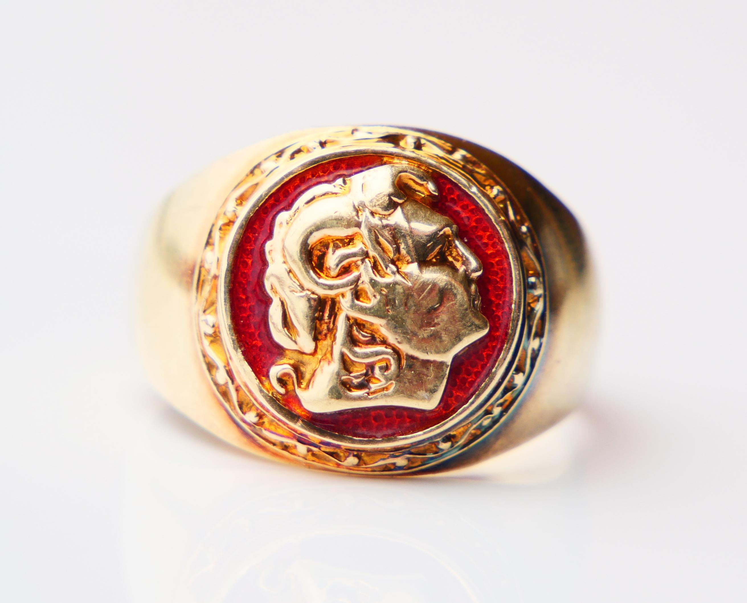 Vintage Signet Ring Alexander the Great Red Enamel solid 14K Gold Ø10.5US /7.4gr For Sale 3