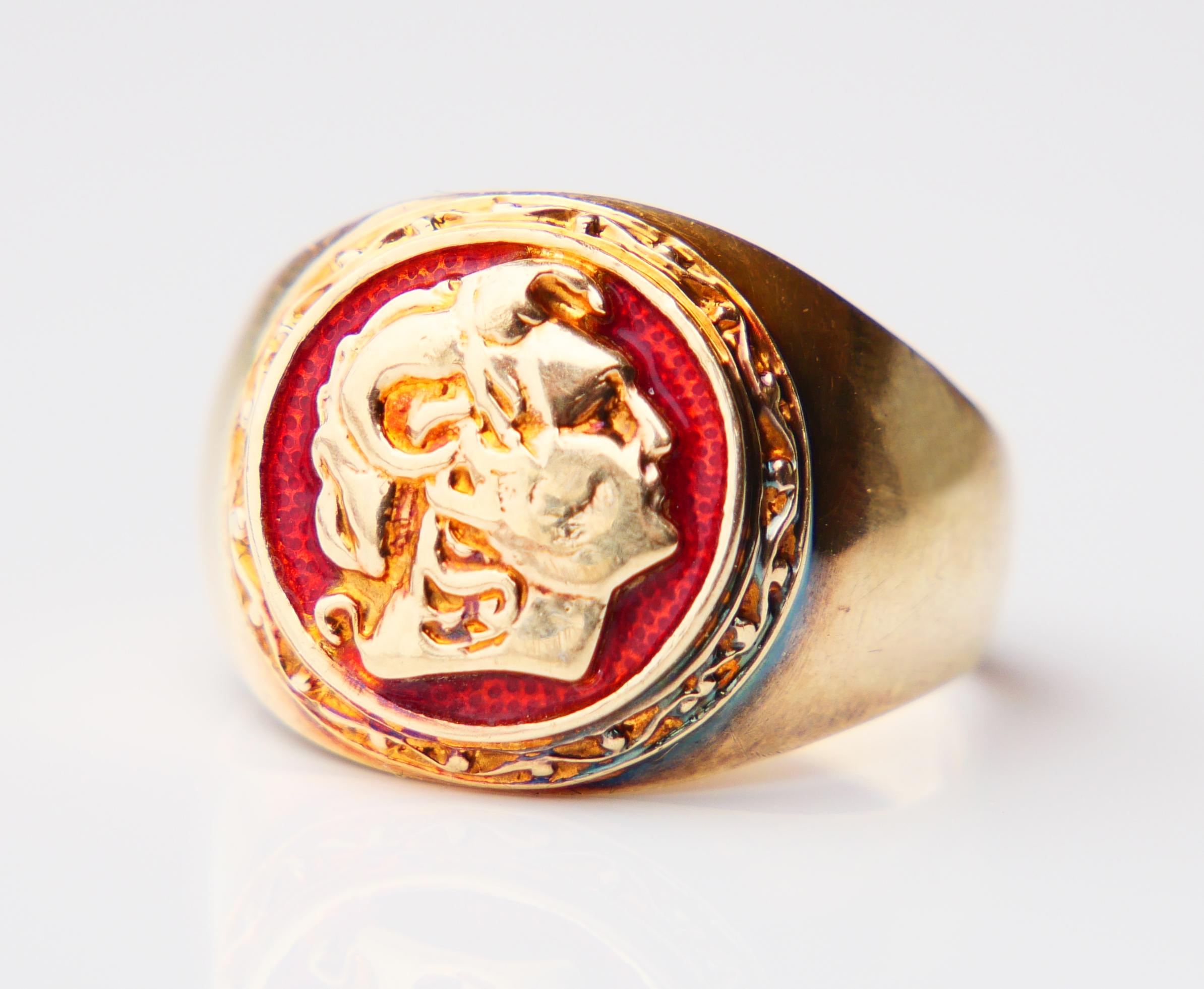 Vintage Signet Ring Alexander the Great Red Enamel solid 14K Gold Ø10.5US /7.4gr 3