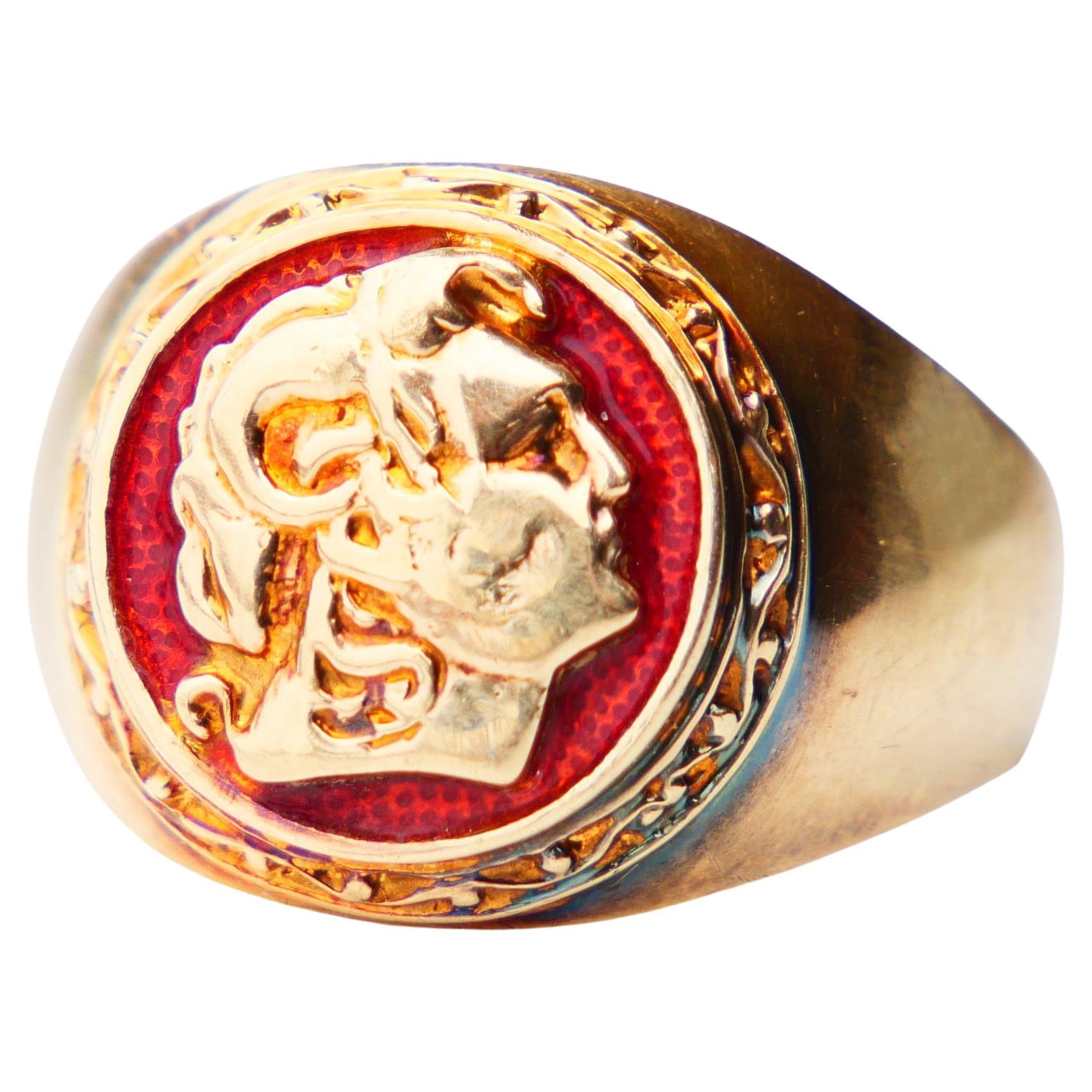 Vintage Signet Ring Alexander the Great Red Enamel solid 14K Gold Ø10.5US /7.4gr For Sale