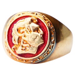 Vintage Signet Ring Alexander the Great Red Enamel solid 14K Gold Ø10.5US /7.4gr