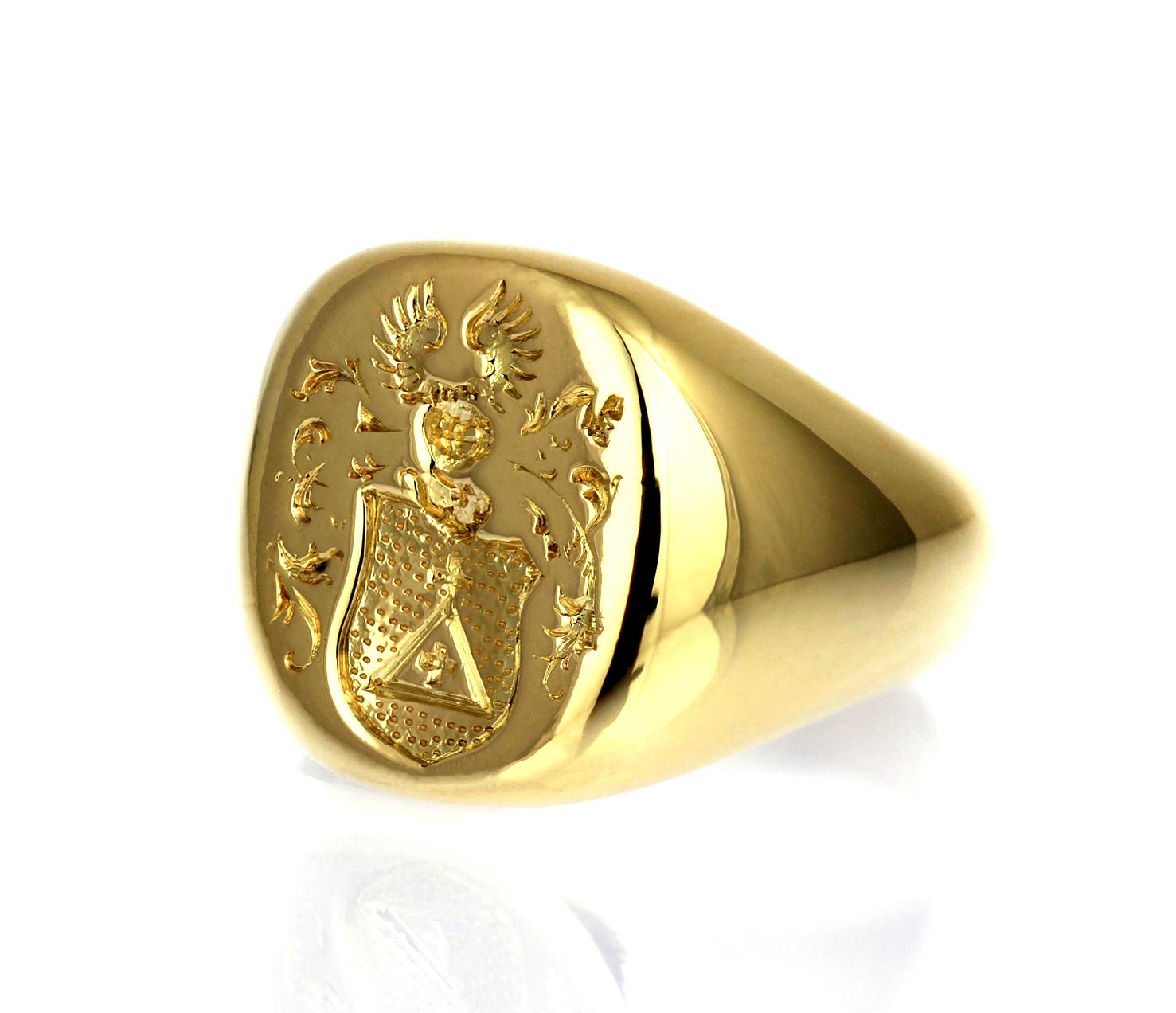 Vintage, signet ring with hand engraved seal ring, with unidentified European Coat of Arms in 18-carat yellow gold. 

The original purpose of the signet ring was more than just a fashion choice or to highlight one’s societal standing. The signet