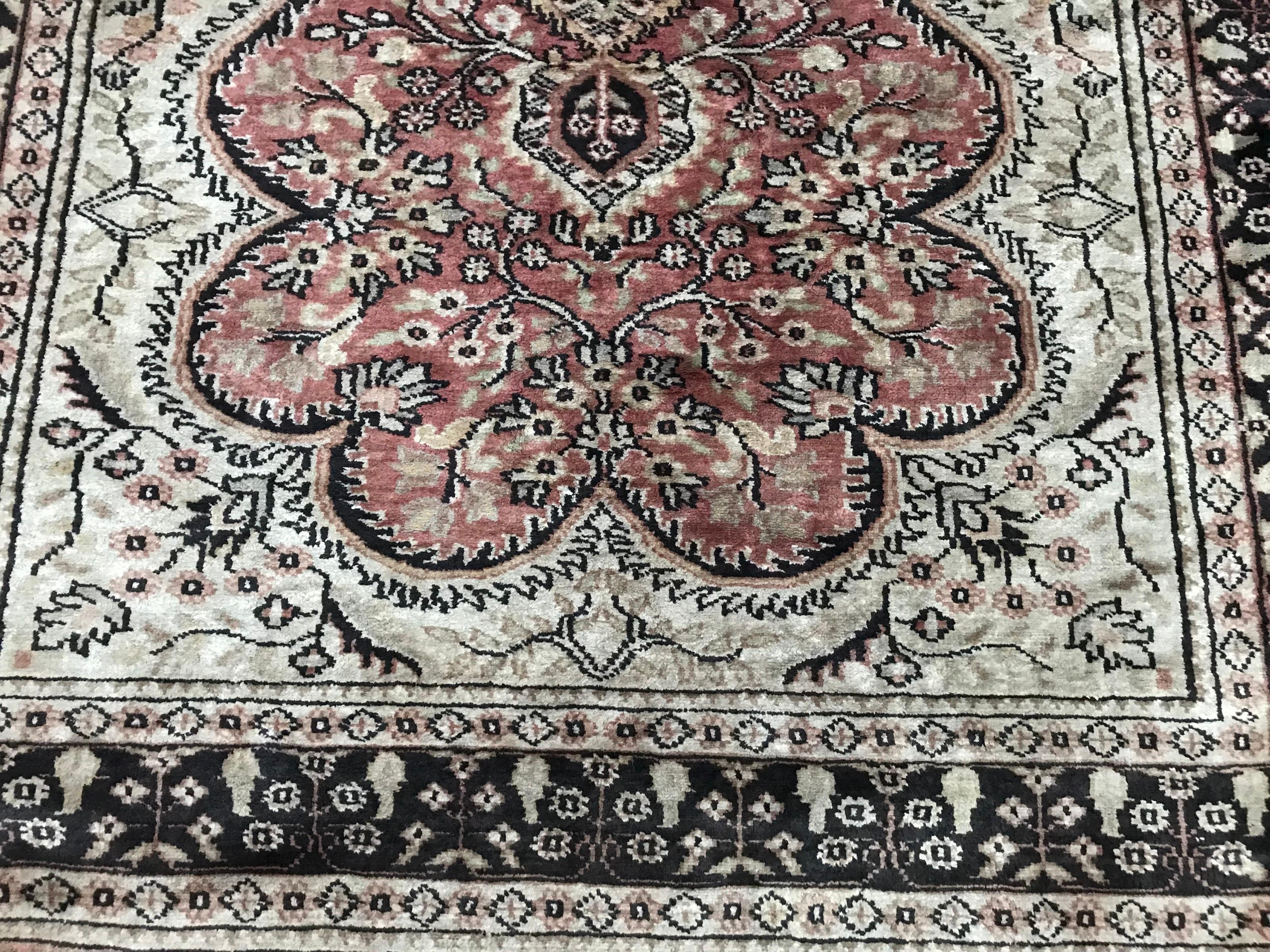 Hand-Knotted Vintage Silk and Wool Pakistani Rug