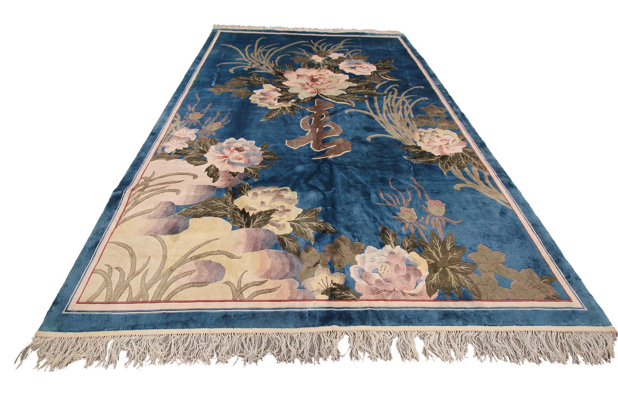 Vintage Silk Art Deco Rug Silk Chinese Rug Silk Tapestry Chinese Rug (Chinesisch) im Angebot