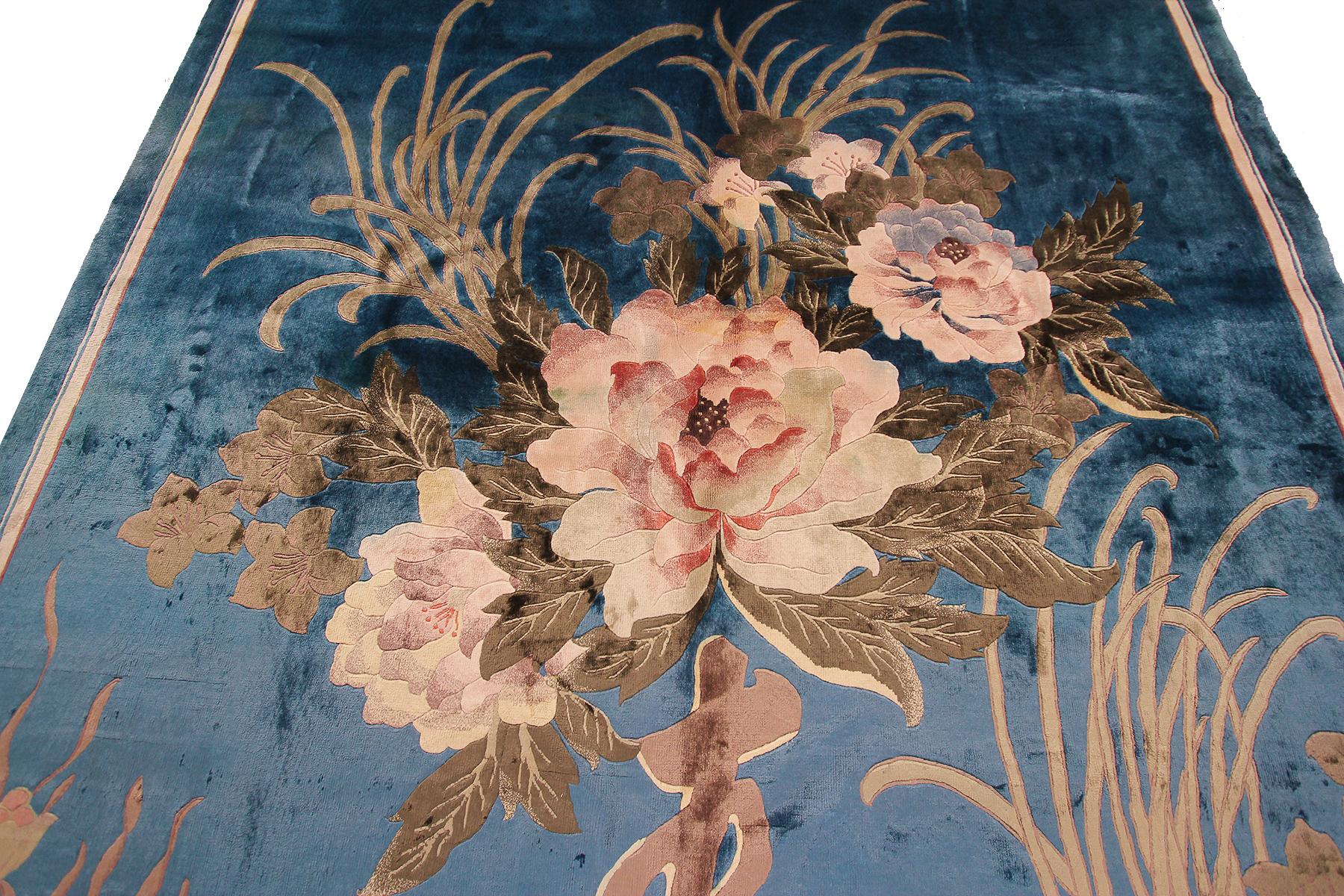 Vintage Silk Art Deco Rug Silk Chinese Rug Silk Tapestry Chinese Rug (Mitte des 20. Jahrhunderts) im Angebot