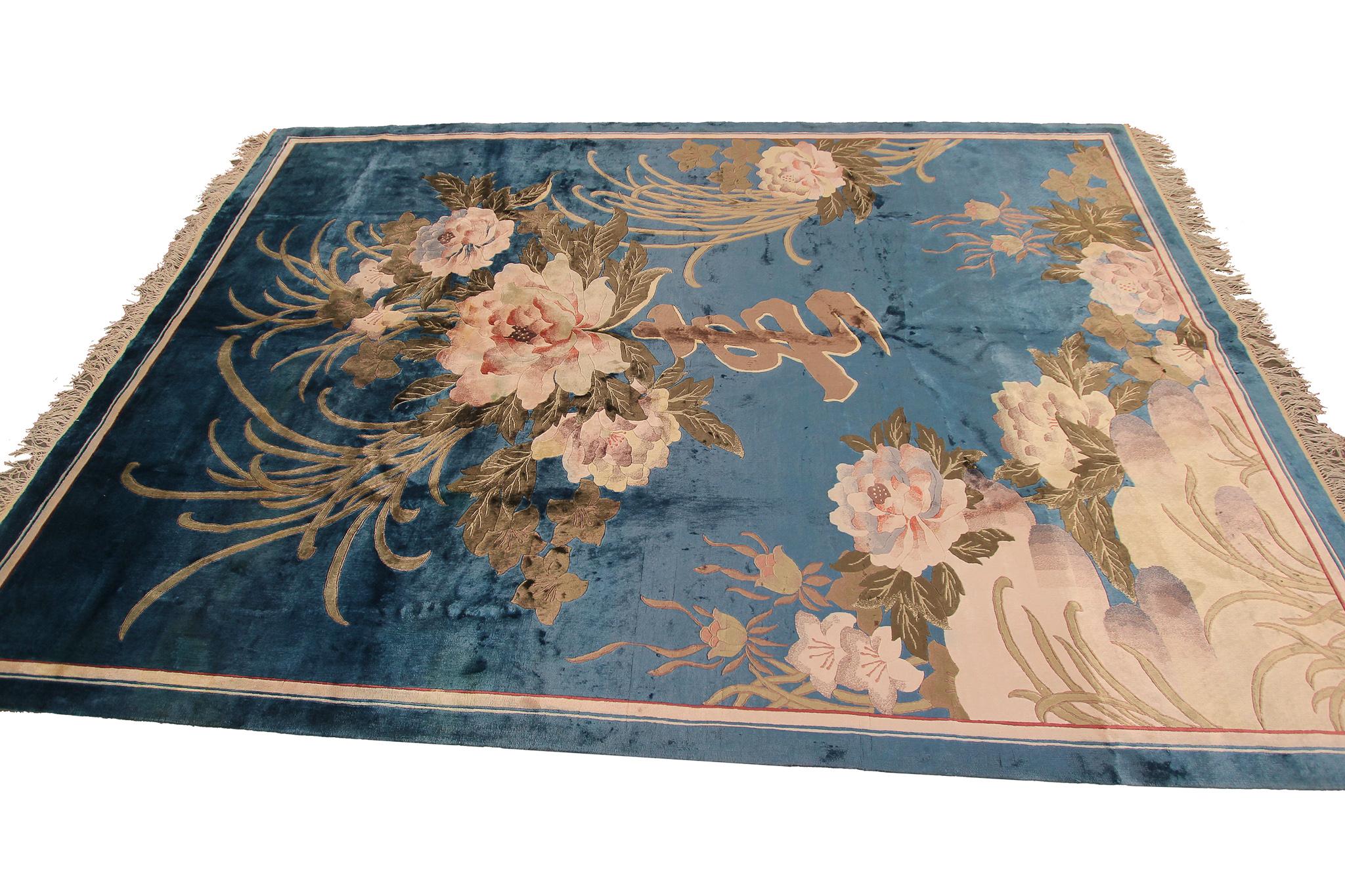 Vintage Silk Art Deco Rug Silk Chinese Rug Silk Tapestry Chinese Rug For Sale 1