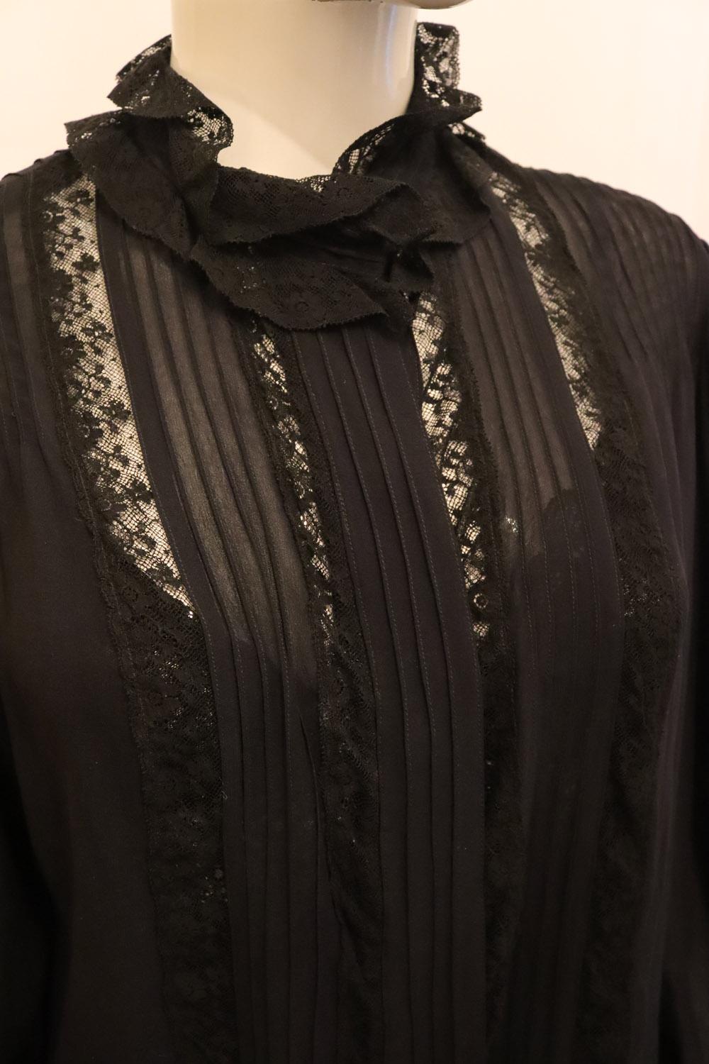 Black Vintage Silk Blouse with Lace Detail For Sale