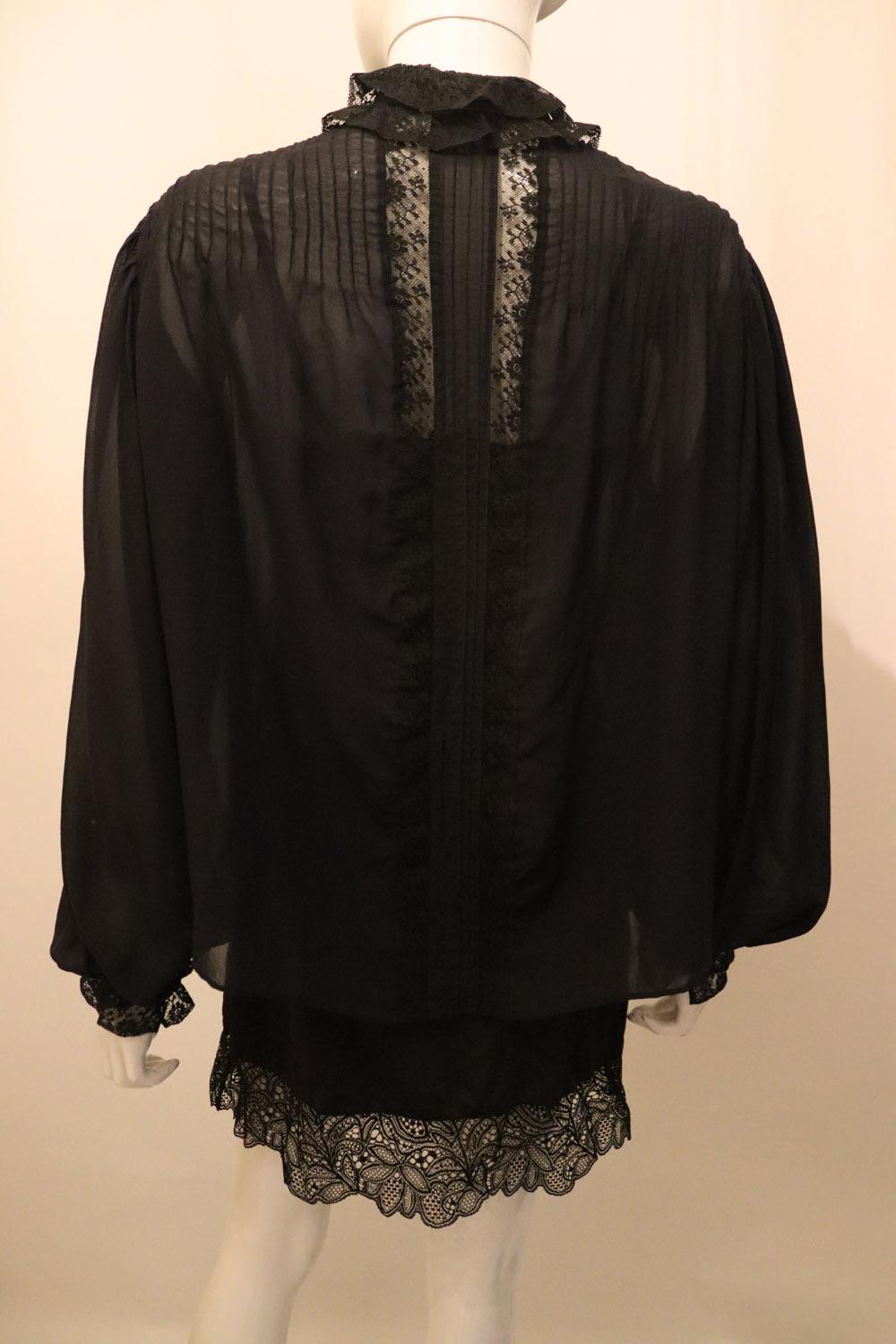 Women's Vintage Silk Blouse with Lace Detail For Sale