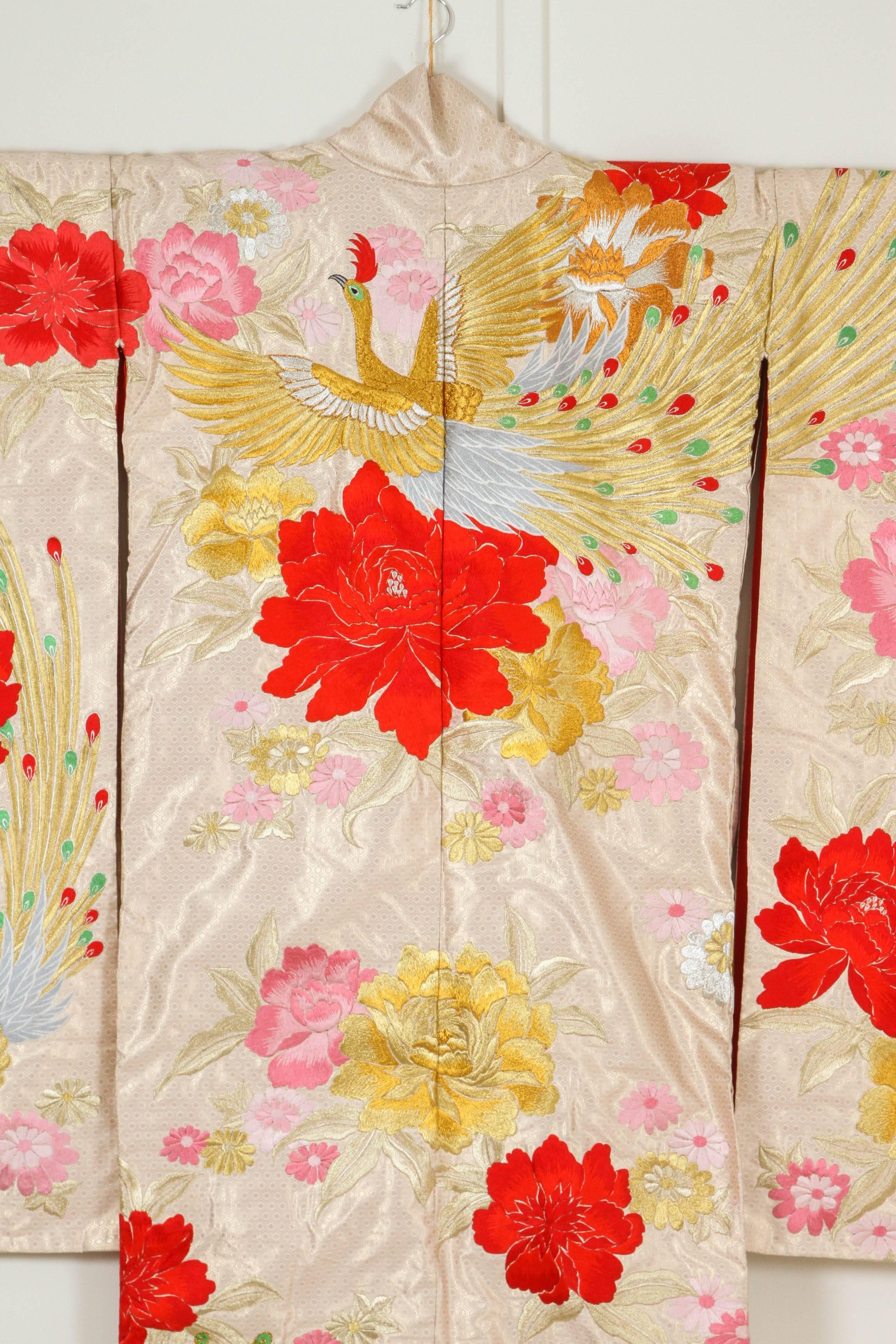 Beige Vintage Kimono Silk Brocade Japanese Ceremonial Gown For Sale