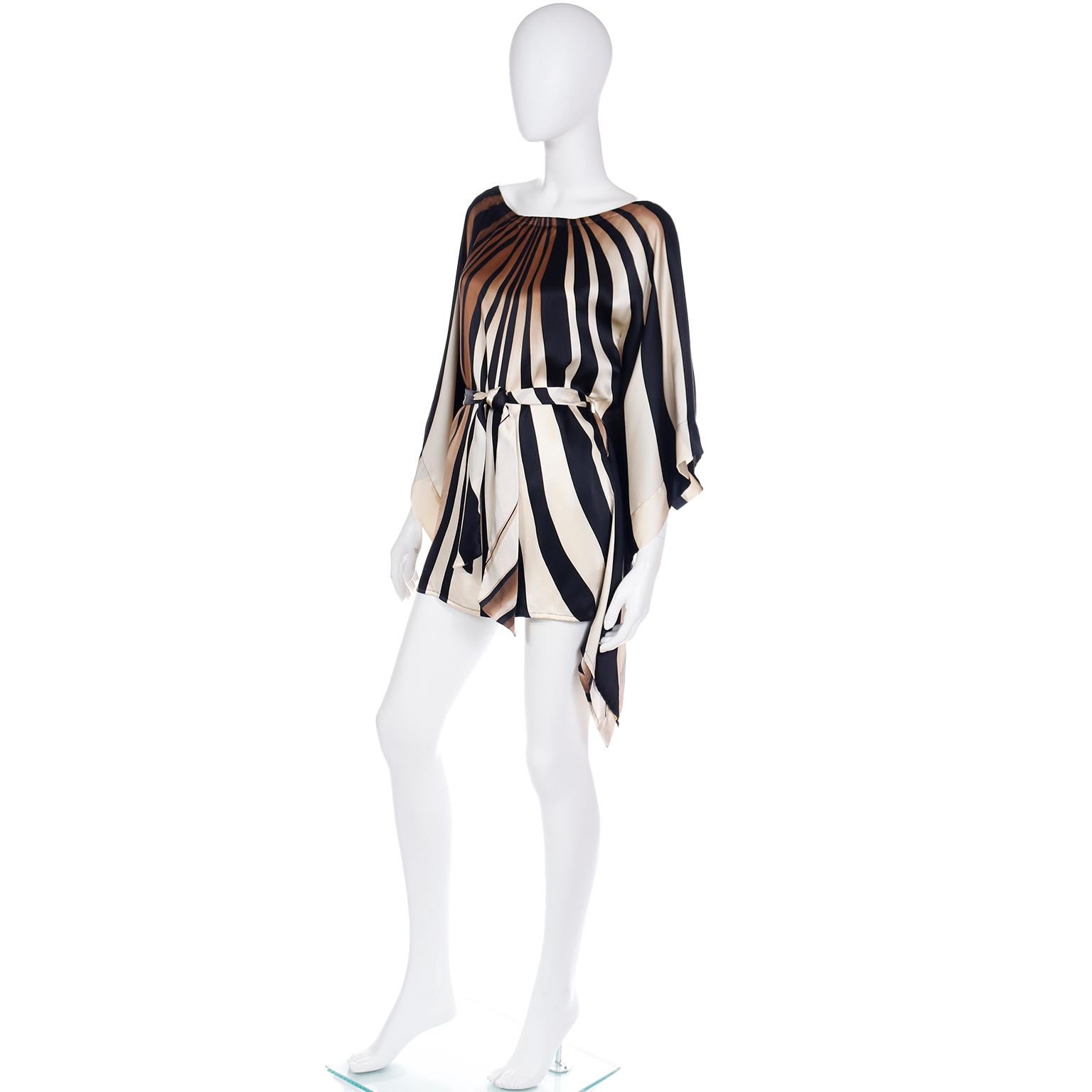 Vintage Silk Caftan Style Stripe Top in Black Brown & Ivory w Sash Belt In Excellent Condition For Sale In Portland, OR