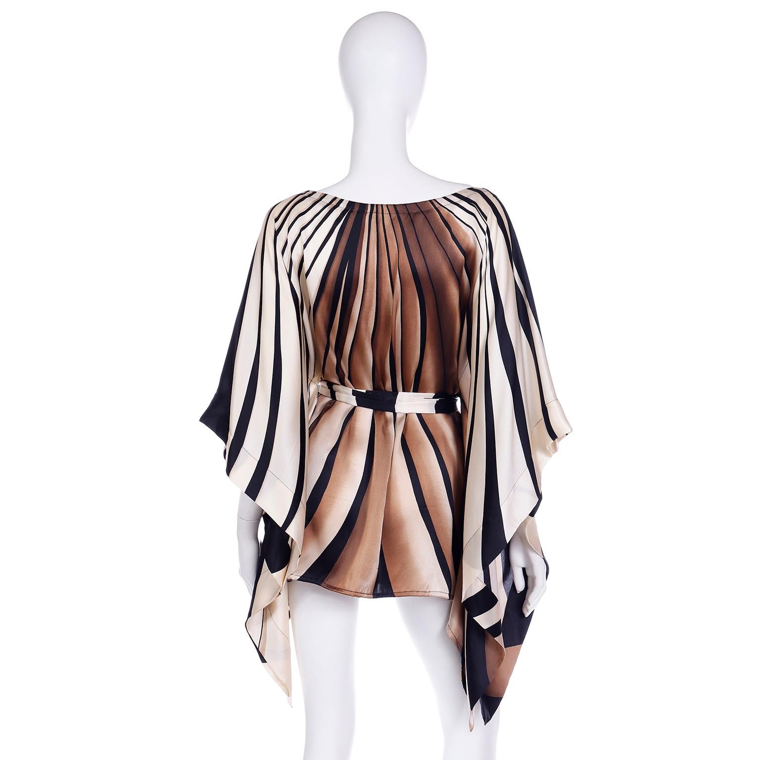 Vintage Silk Caftan Style Stripe Top in Black Brown & Ivory w Sash Belt For Sale 1