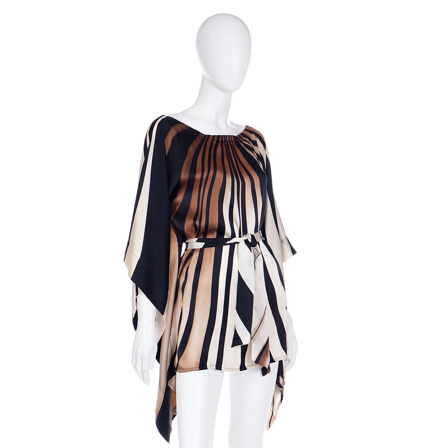 Vintage Silk Caftan Style Stripe Top in Black Brown & Ivory w Sash Belt For Sale 2