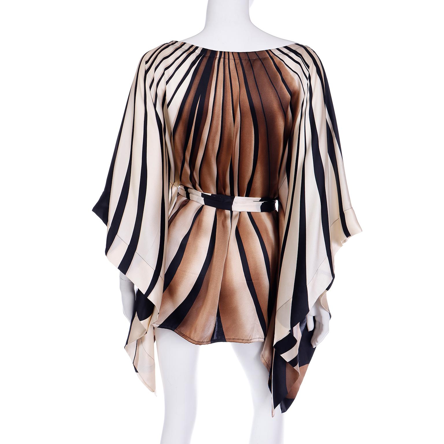 Vintage Silk Caftan Style Stripe Top in Black Brown & Ivory w Sash Belt For Sale 3