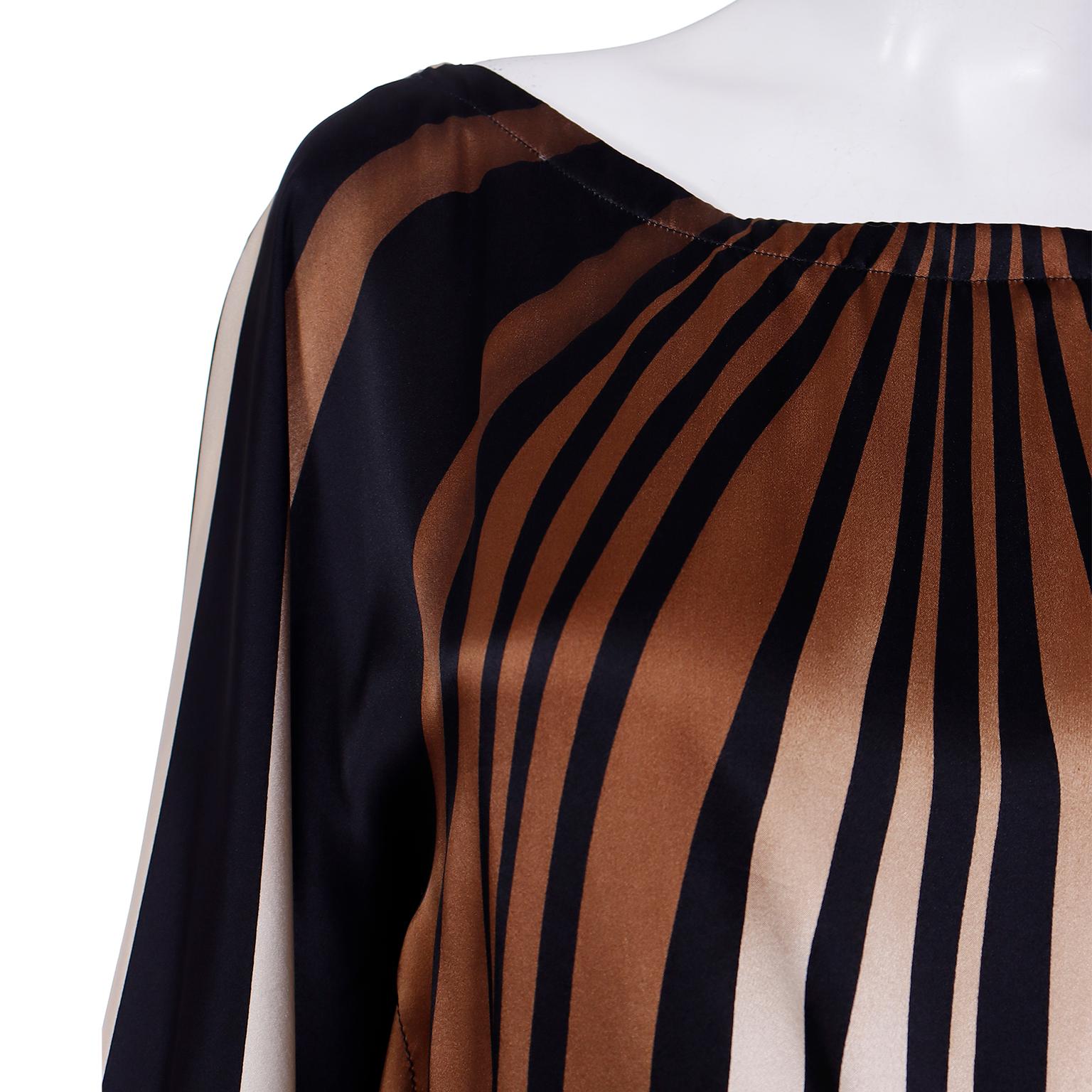 Vintage Silk Caftan Style Stripe Top in Black Brown & Ivory w Sash Belt For Sale 5
