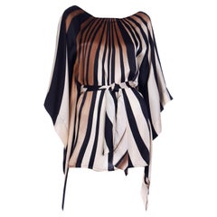 Retro Silk Caftan Style Stripe Top in Black Brown & Ivory w Sash Belt