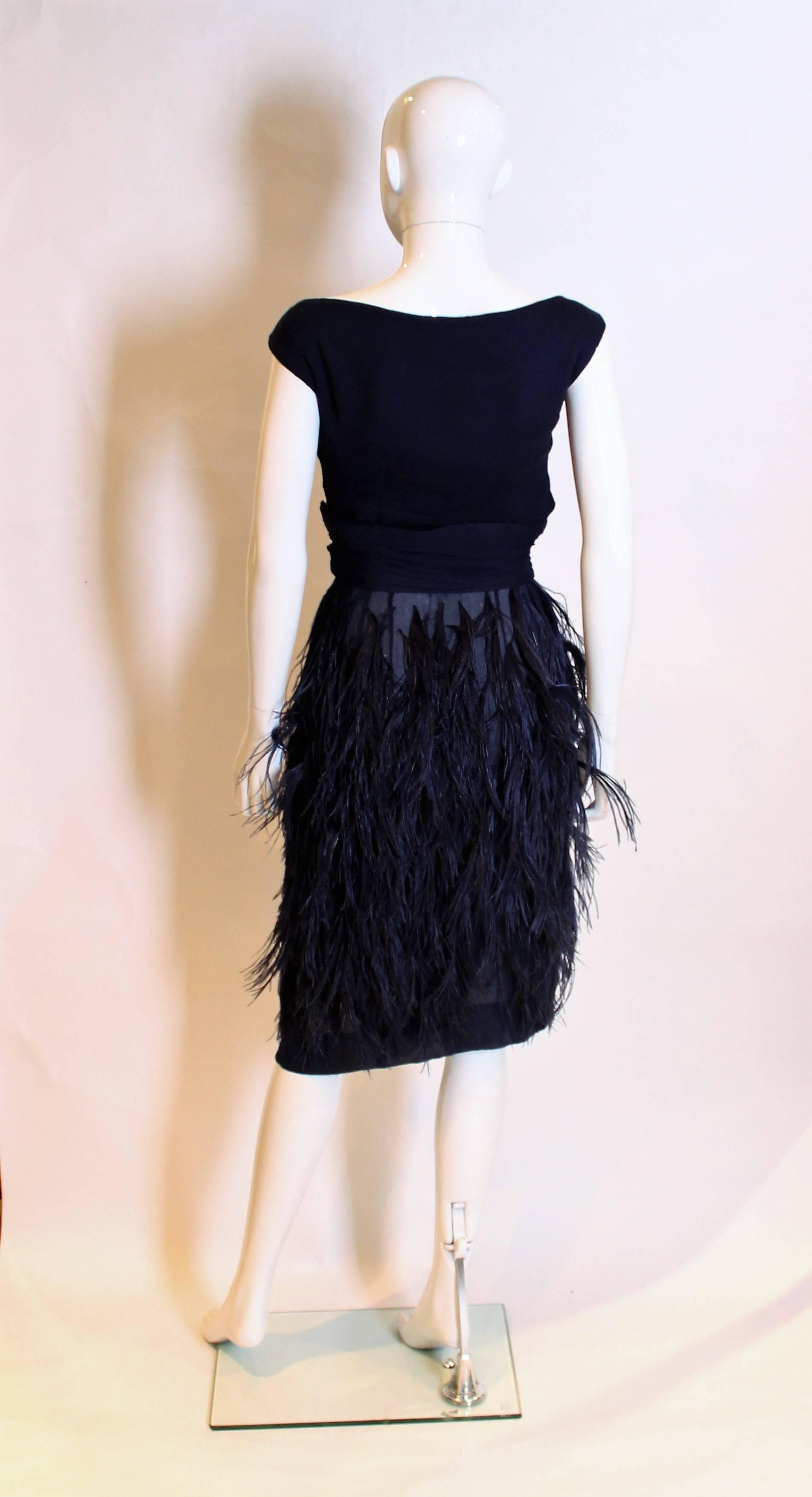 Black  Vintage Silk Chiffon and Feather Cocktail Dress by Norman Hartnell For Sale