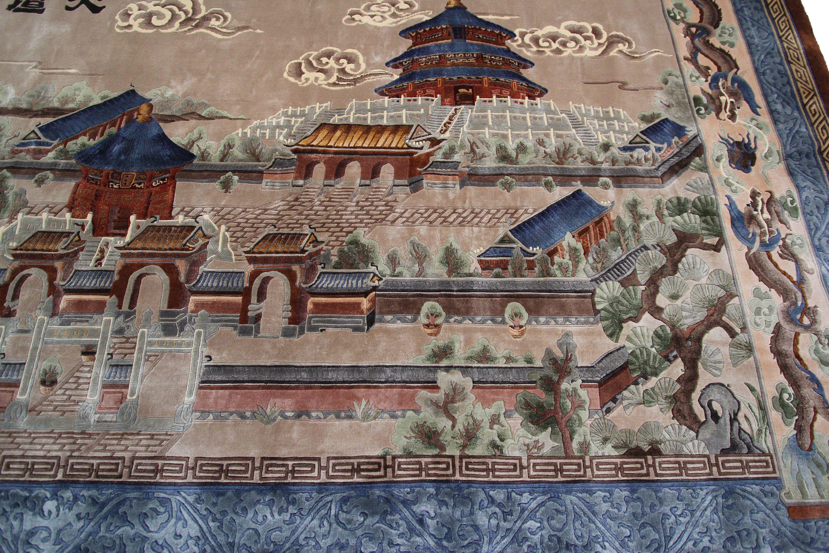 Hand-Knotted Vintage Silk Chinese Tapestry Temple of Heaven Silk Chinese Fine, 1965 For Sale