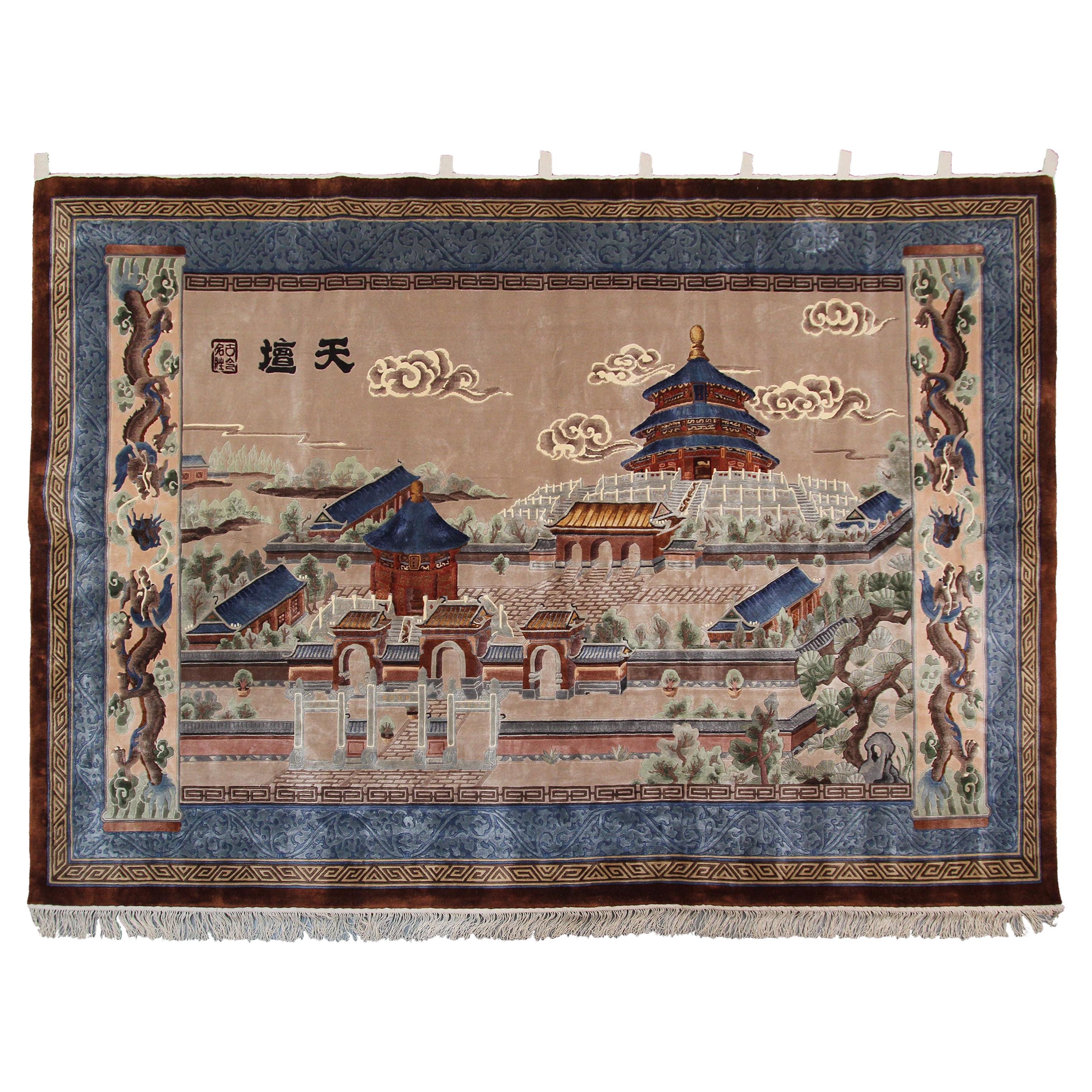 Chinesischer Vintage-Wandteppich, Tempel des Himmels, Seide, Chinesisch Fein, 1965 im Angebot