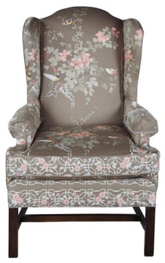 Vintage Silk Chippendale Style Wingback Armchair Club Library Accent Bird Motif